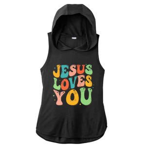 Jesus Loves You Retro Groovy Style Graphic Design Women Ladies PosiCharge Tri-Blend Wicking Draft Hoodie Tank