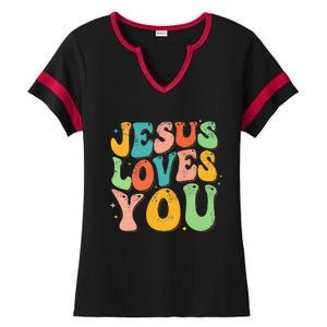 Jesus Loves You Retro Groovy Style Graphic Design Women Ladies Halftime Notch Neck Tee