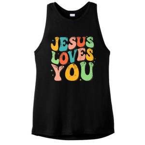 Jesus Loves You Retro Groovy Style Graphic Design Women Ladies PosiCharge Tri-Blend Wicking Tank