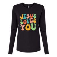 Jesus Loves You Retro Groovy Style Graphic Design Women Womens Cotton Relaxed Long Sleeve T-Shirt