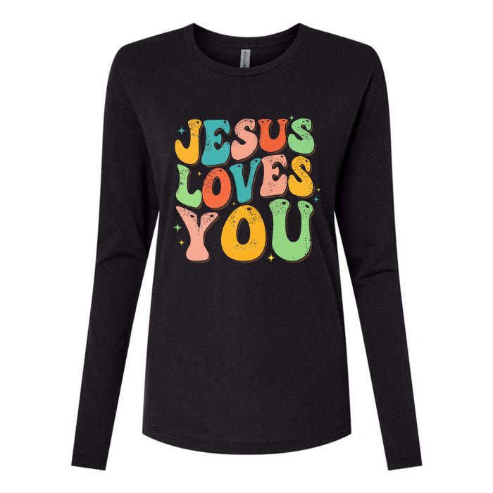 Jesus Loves You Retro Groovy Style Graphic Design Women Womens Cotton Relaxed Long Sleeve T-Shirt