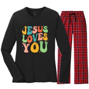 Jesus Loves You Retro Groovy Style Graphic Design Women Women's Long Sleeve Flannel Pajama Set 