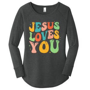 Jesus Loves You Retro Groovy Style Graphic Design Women Women's Perfect Tri Tunic Long Sleeve Shirt