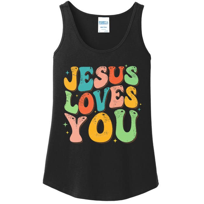 Jesus Loves You Retro Groovy Style Graphic Design Women Ladies Essential Tank