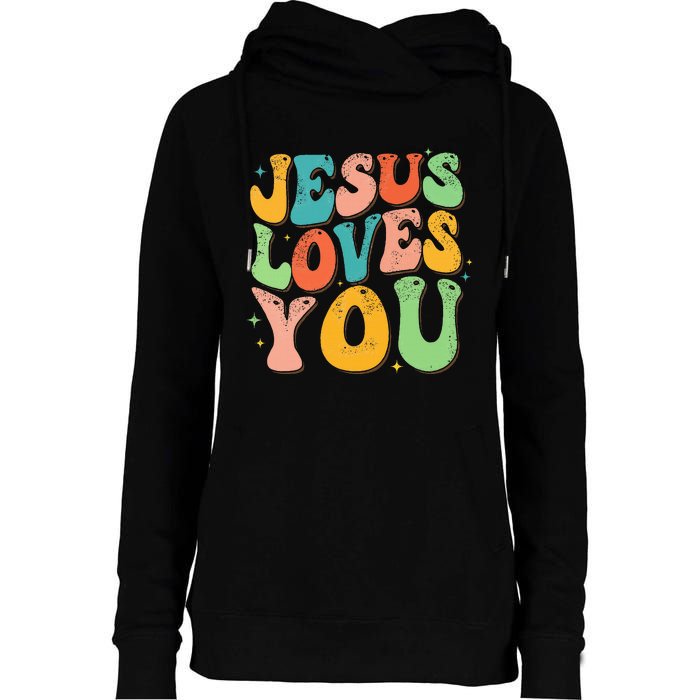 Jesus Loves You Retro Groovy Style Graphic Design Women Womens Funnel Neck Pullover Hood