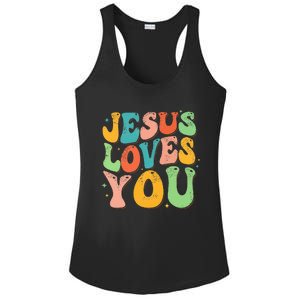 Jesus Loves You Retro Groovy Style Graphic Design Women Ladies PosiCharge Competitor Racerback Tank