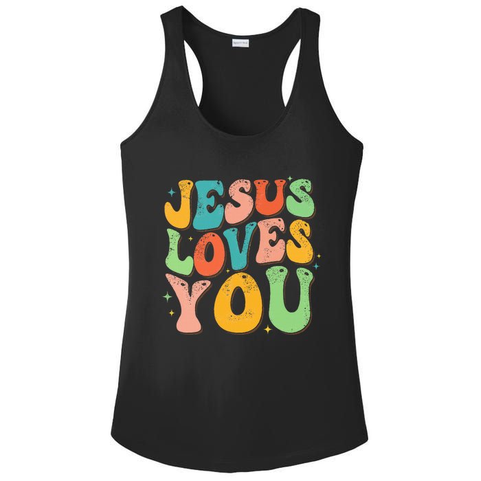 Jesus Loves You Retro Groovy Style Graphic Design Women Ladies PosiCharge Competitor Racerback Tank