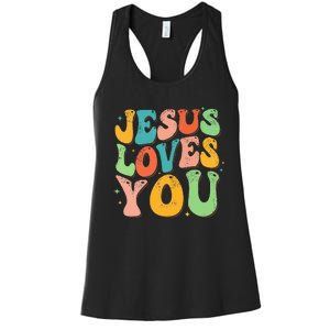 Jesus Loves You Retro Groovy Style Graphic Design Women Women's Racerback Tank