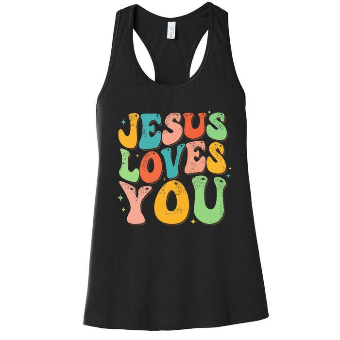 Jesus Loves You Retro Groovy Style Graphic Design Women Women's Racerback Tank