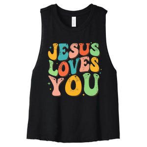 Jesus Loves You Retro Groovy Style Graphic Design Women Women's Racerback Cropped Tank