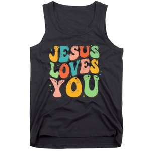 Jesus Loves You Retro Groovy Style Graphic Design Women Tank Top