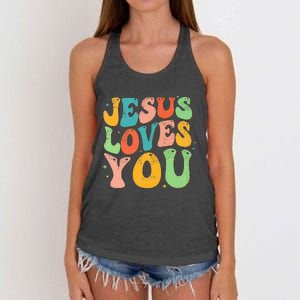 Jesus Loves You Retro Groovy Style Graphic Design Women Women's Knotted Racerback Tank