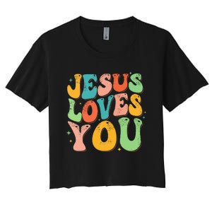 Jesus Loves You Retro Groovy Style Graphic Design Women Women's Crop Top Tee