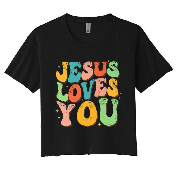 Jesus Loves You Retro Groovy Style Graphic Design Women Women's Crop Top Tee