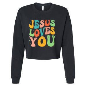 Jesus Loves You Retro Groovy Style Graphic Design Women Cropped Pullover Crew