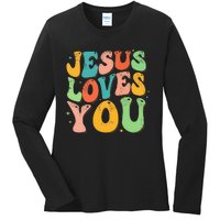 Jesus Loves You Retro Groovy Style Graphic Design Women Ladies Long Sleeve Shirt