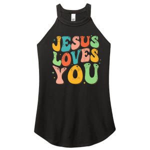 Jesus Loves You Retro Groovy Style Graphic Design Women Women's Perfect Tri Rocker Tank