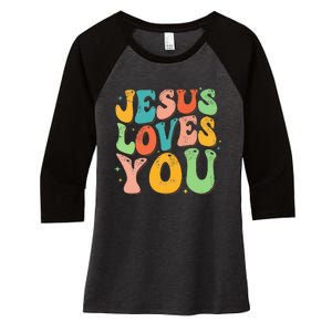 Jesus Loves You Retro Groovy Style Graphic Design Women Women's Tri-Blend 3/4-Sleeve Raglan Shirt