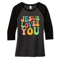 Jesus Loves You Retro Groovy Style Graphic Design Women Women's Tri-Blend 3/4-Sleeve Raglan Shirt