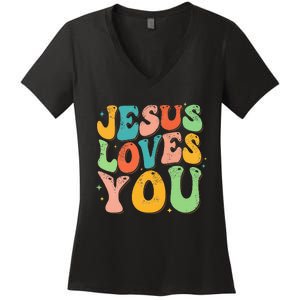 Jesus Loves You Retro Groovy Style Graphic Design Women Women's V-Neck T-Shirt