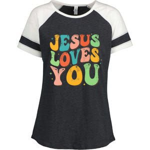 Jesus Loves You Retro Groovy Style Graphic Design Women Enza Ladies Jersey Colorblock Tee