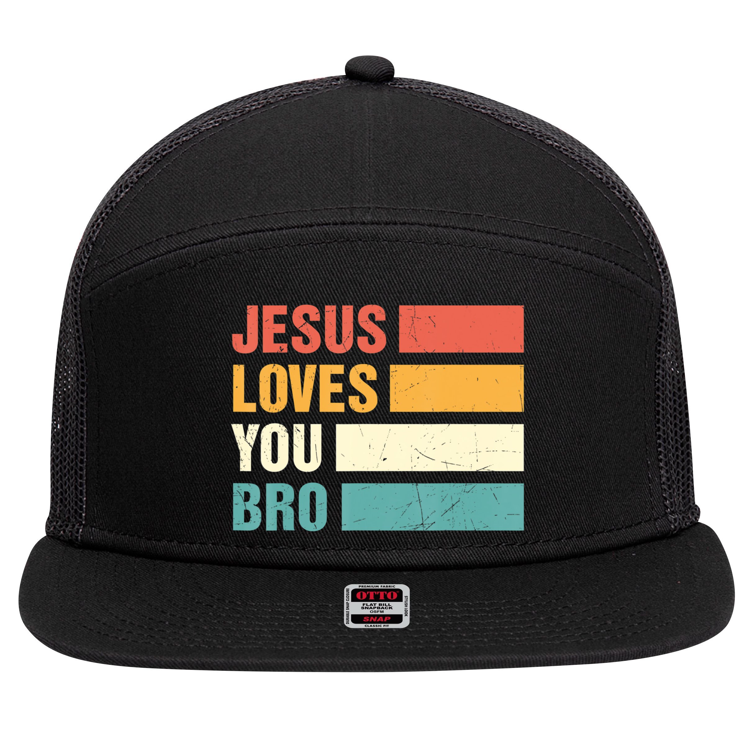 Jesus Loves You Bro Retro Vintage Style Women 7 Panel Mesh Trucker Snapback Hat