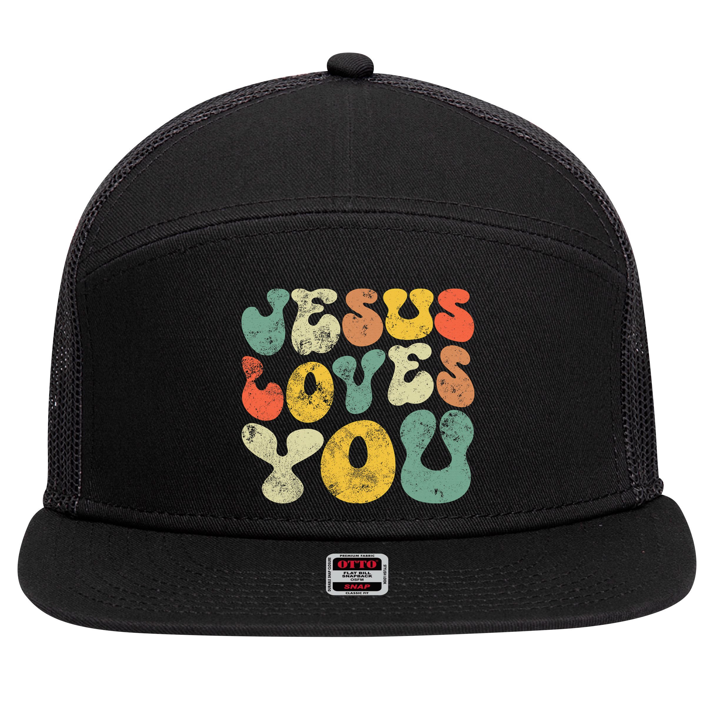 Jesus Loves You Retro Vintage Style Gift 7 Panel Mesh Trucker Snapback Hat
