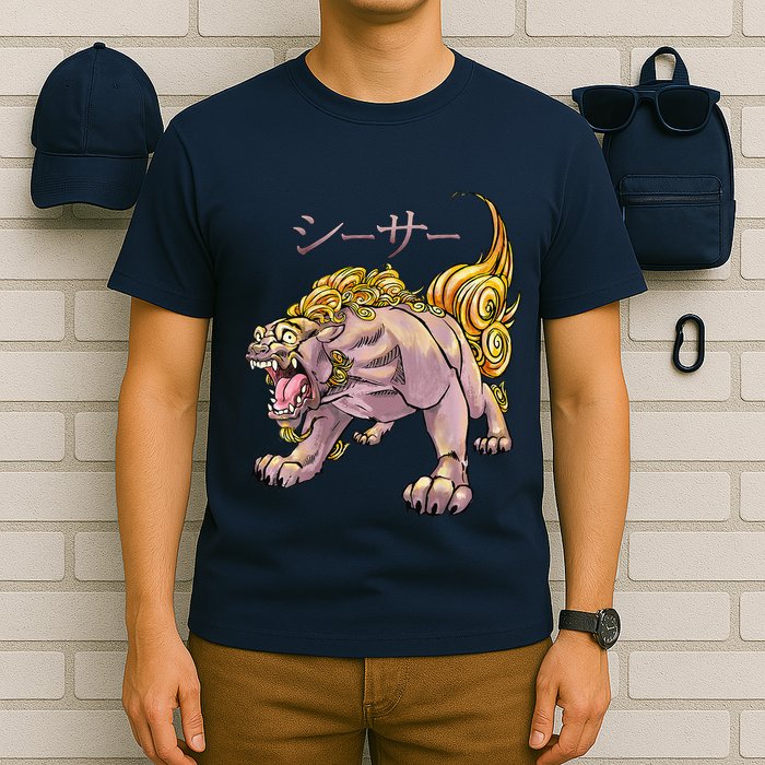 Japanese Liondog Yokaishisa Yokai With Kanji On Front T-Shirt