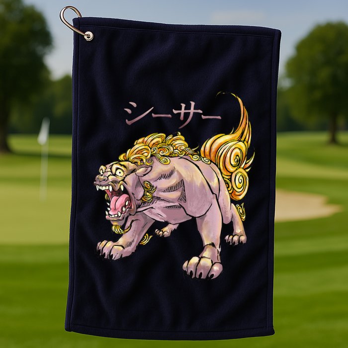 Japanese Liondog Yokaishisa Yokai With Kanji On Front Golf Towel