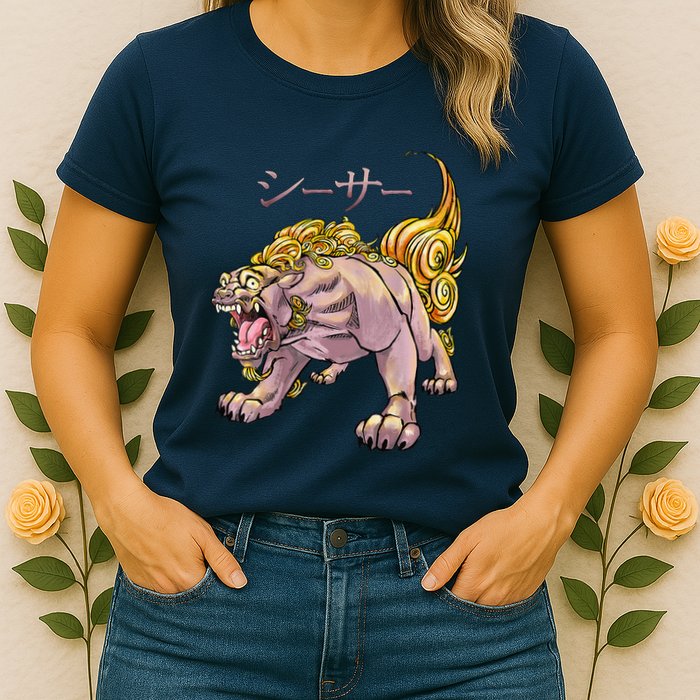 Japanese Liondog Yokaishisa Yokai With Kanji On Front Womens T-Shirt