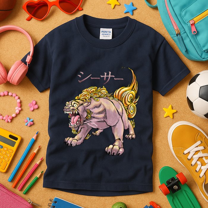 Japanese Liondog Yokaishisa Yokai With Kanji On Front Kids T-Shirt