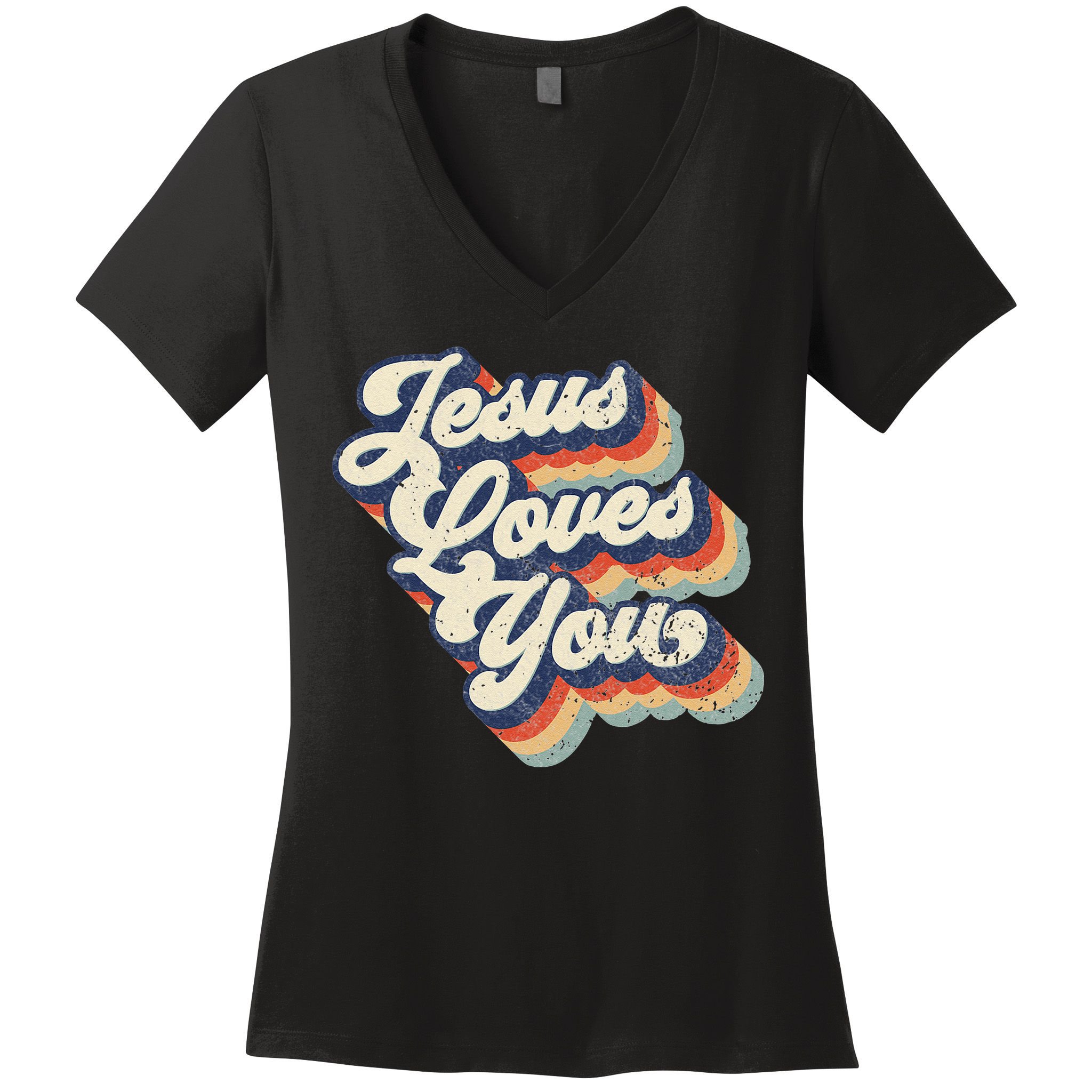 Jesus Loves You Retro Vintage Style Graphic Design Womens Women's V-Neck T-Shirt