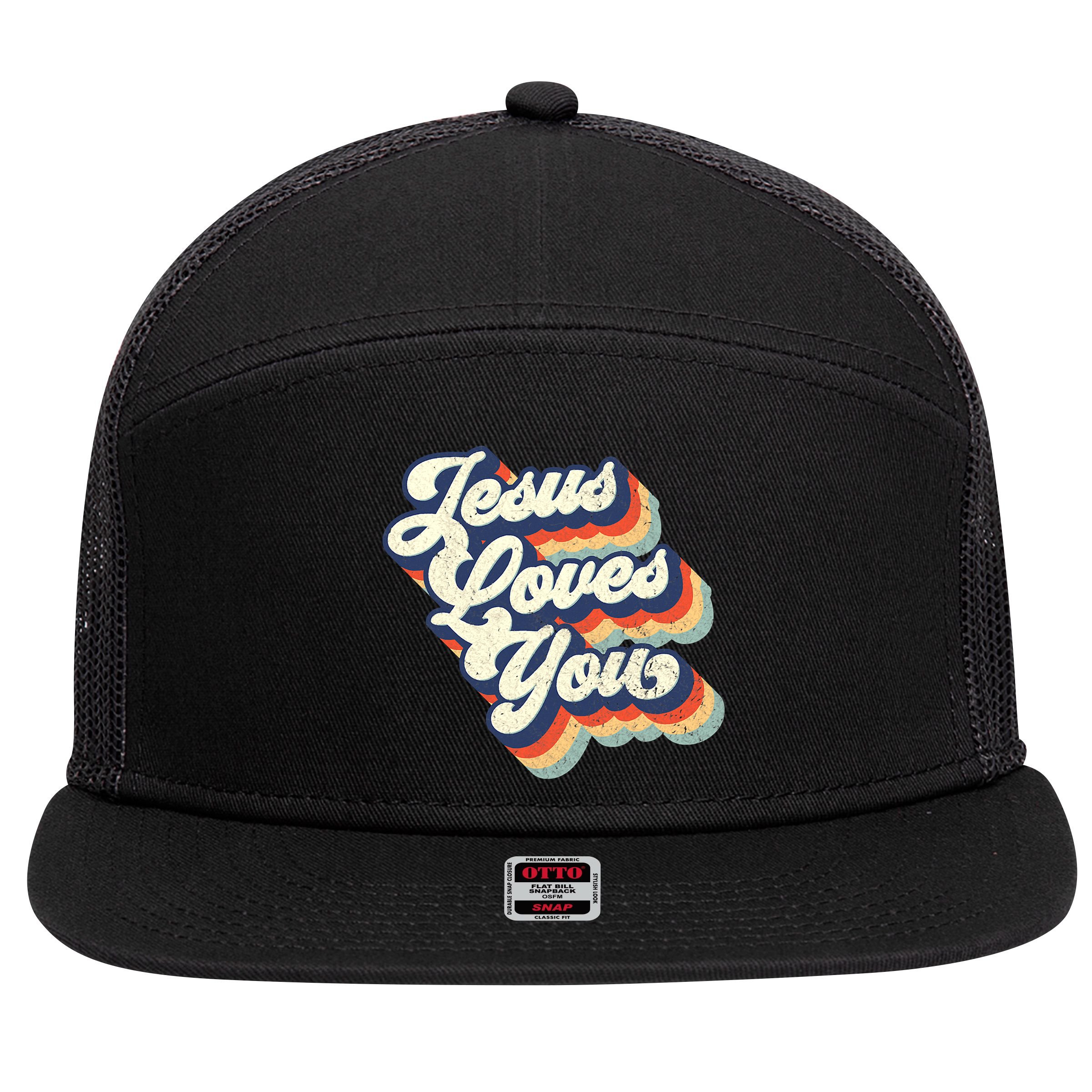 Jesus Loves You Retro Vintage Style Graphic Design Womens 7 Panel Mesh Trucker Snapback Hat