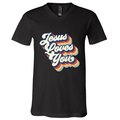 Jesus Loves You Retro Vintage Style Graphic Design Womens V-Neck T-Shirt