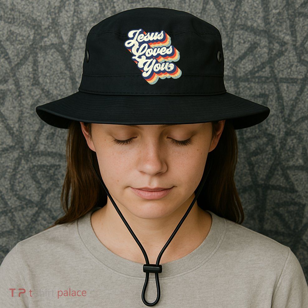 Jesus Loves You Retro Vintage Style Graphic Design Womens Bucket Hat