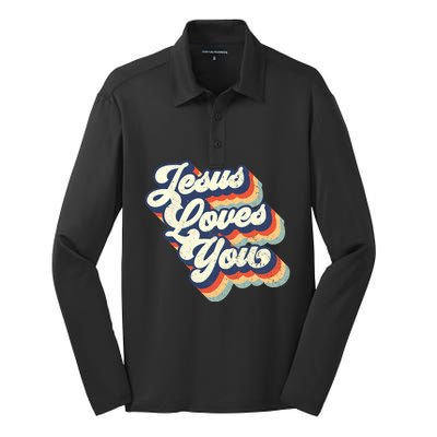 Jesus Loves You Retro Vintage Style Graphic Design Womens Silk Touch Performance Long Sleeve Polo