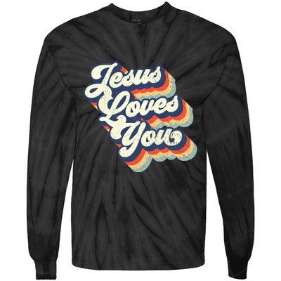 Jesus Loves You Retro Vintage Style Graphic Design Womens Tie-Dye Long Sleeve Shirt