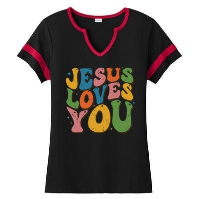 Jesus Loves You Retro Groovy Ladies Halftime Notch Neck Tee