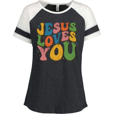 Jesus Loves You Retro Groovy Enza Ladies Jersey Colorblock Tee