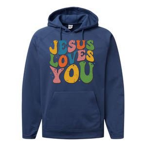 Jesus Loves You Retro Groovy Performance Fleece Hoodie