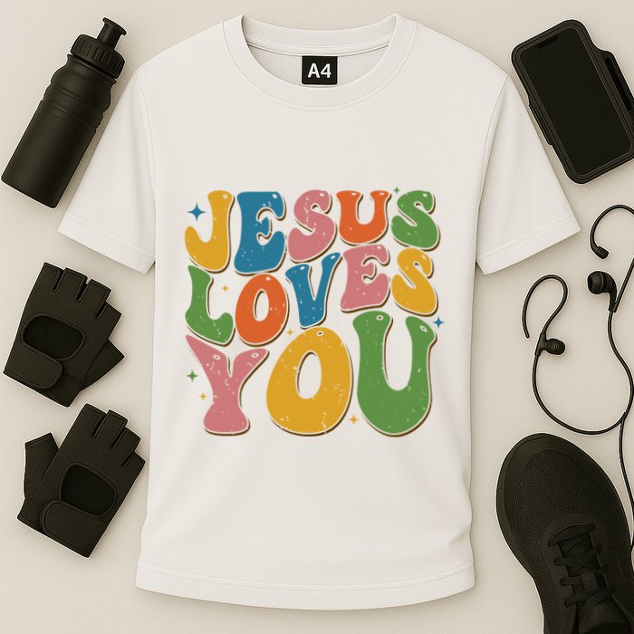 Jesus Loves You Retro Groovy Cooling Performance Crew T-Shirt