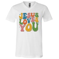 Jesus Loves You Retro Groovy V-Neck T-Shirt