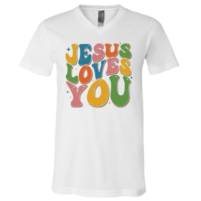 Jesus Loves You Retro Groovy V-Neck T-Shirt