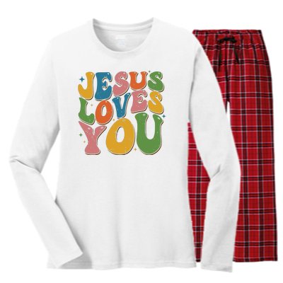 Jesus Loves You Retro Groovy Women's Long Sleeve Flannel Pajama Set 