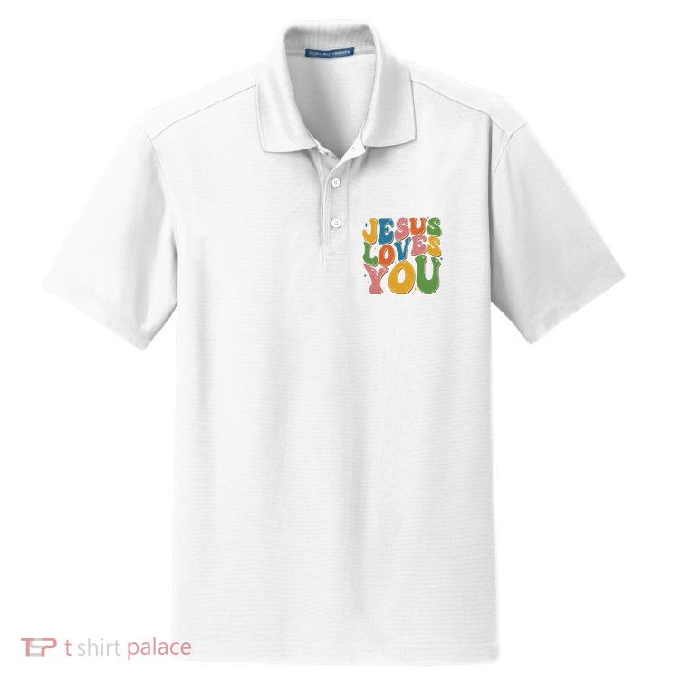 Jesus Loves You Retro Groovy Dry Zone Grid Polo