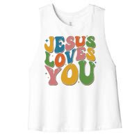 Jesus Loves You Retro Groovy Women's Racerback Cropped Tank