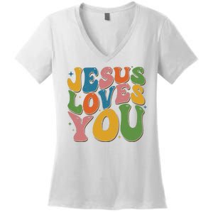 Jesus Loves You Retro Groovy Women's V-Neck T-Shirt