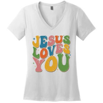 Jesus Loves You Retro Groovy Women's V-Neck T-Shirt