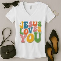Jesus Loves You Retro Groovy Women's V-Neck T-Shirt