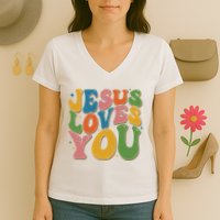 Jesus Loves You Retro Groovy Women's V-Neck T-Shirt